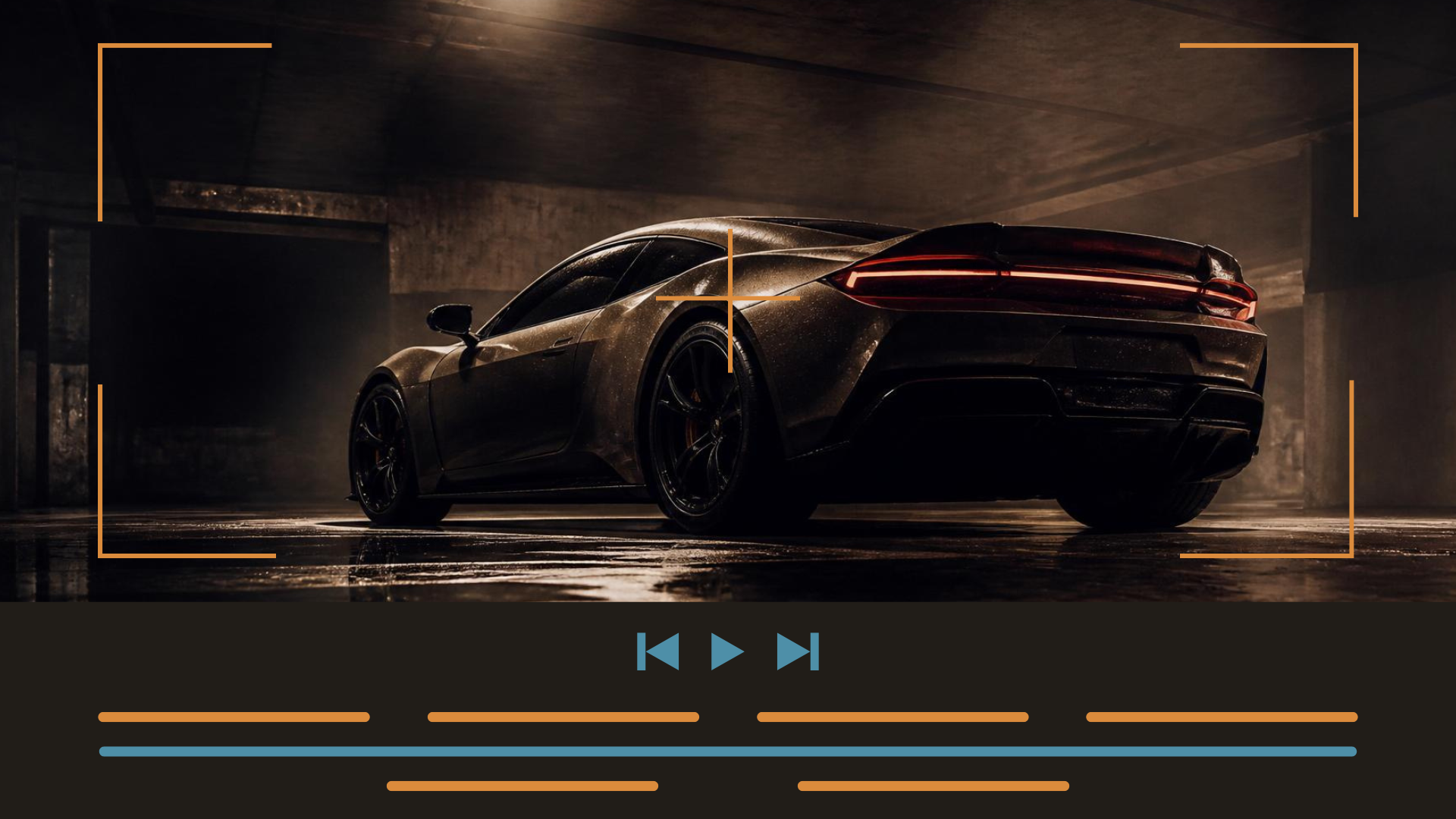 Rear three-quarter of an exotic car in a concrete garage under a single overhead light