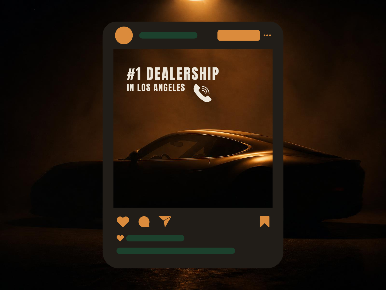 Phone mockup showing a social post for the #1 dealership in Los Angeles over a low-lit exotic car