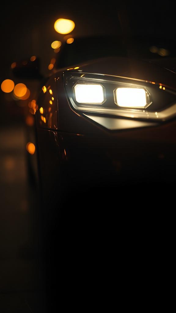 Macro close-up of a glowing supercar headlight at night