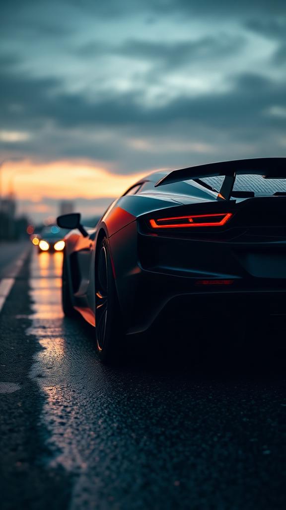 Low-angle rear of an exotic car on wet asphalt at dusk